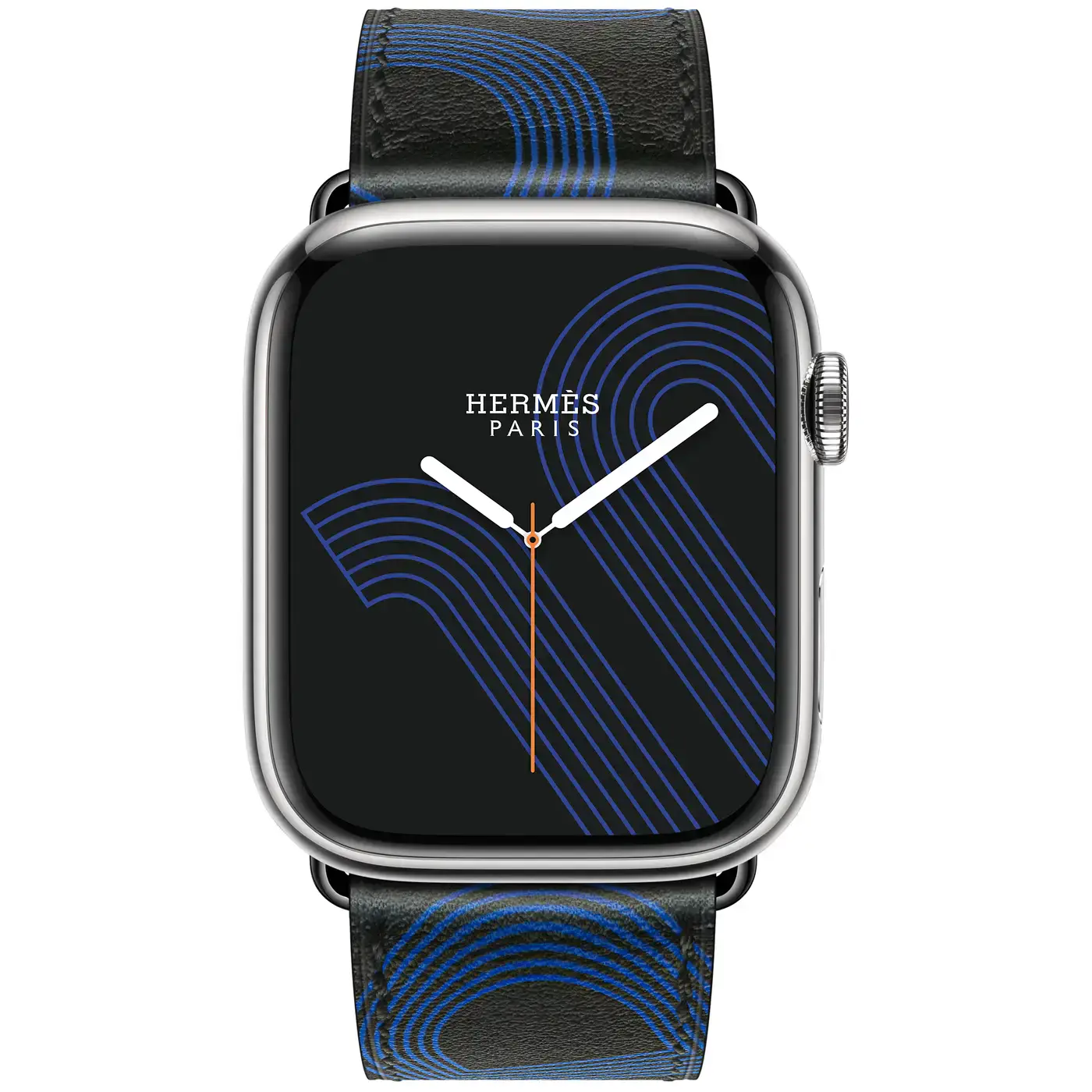 Apple Watch Hermès Series 7 GPS + Cellular 45mm Silver Stainless Steel Case (MKMG3) with Noir/Bleu Electrique Swift Leather (MKGA3)